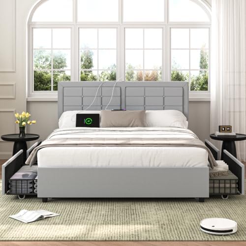 VECELO Queen Size Bed Frame with 4 Storage Drawers & Adjustable Headboard, Built-in Charging Station, Upholstered Bedframe with Wood Slats Support, Light Gray