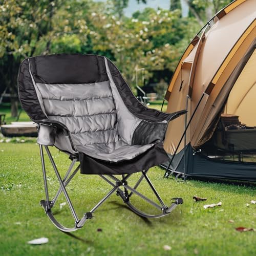 2 PCS Oversized Rocking Camping Chair for Adults - 400lbs Capacity Padded Camp Chair, Portable Foldable Outdoor Rocker Chair for Camping, Backyard, Patio (Black & Gray)