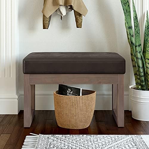 SIMPLIHOME Milltown 27" Wide Vegan Leather Ottoman in Distressed Brown | Contemporary ottoman with a cushioned seat for bedroom seating; rectangle footstool, footrest or bench.