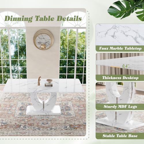 JUFU Modern 71" Faux Marble Dining Table for 6 to 8 People, Large Rectangular Kitchen Table with White Elegant U-Shaped Pedestal Base, Executive Furniture for Dining Room and Office
