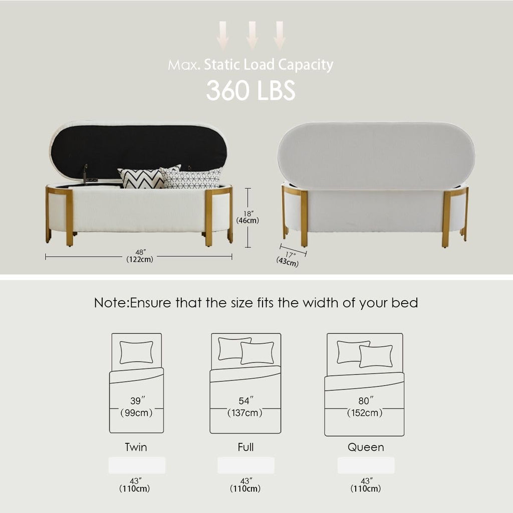 Hyfirm 48" Storage Ottoman Bench – White Chenille Upholstered Footrest with Gold Legs, Long Oval Padded Stool for Bedroom, End of Bed, Living Room, Entryway, Hallway