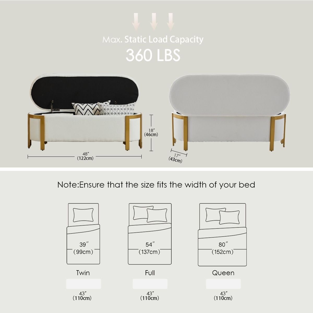 Hyfirm 48" Storage Ottoman Bench – White Chenille Upholstered Footrest with Gold Legs, Long Oval Padded Stool for Bedroom, End of Bed, Living Room, Entryway, Hallway