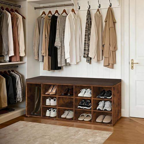 DINZI LVJ Shoe Storage Bench with Cushion, 15-Cubby Shoe Rack with Seat | 50.8"L Entryway Shoe Organizer Bench, Adjustable Shelves for Boots, Removable Washable Cushion, Closet/Hallway, Rustic Brown