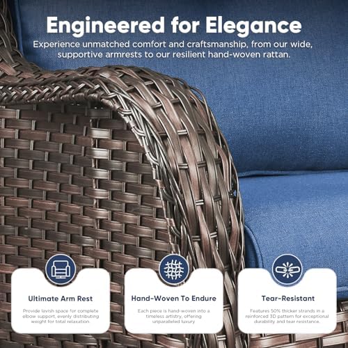 Belord Patio Wicker Chairs Swivel Rocker,Outdoor Patio Furniture Set with Rattan Side Table, All Weather Conversation Set for Porch Poolside Balcony, Brown Wicker/Blue