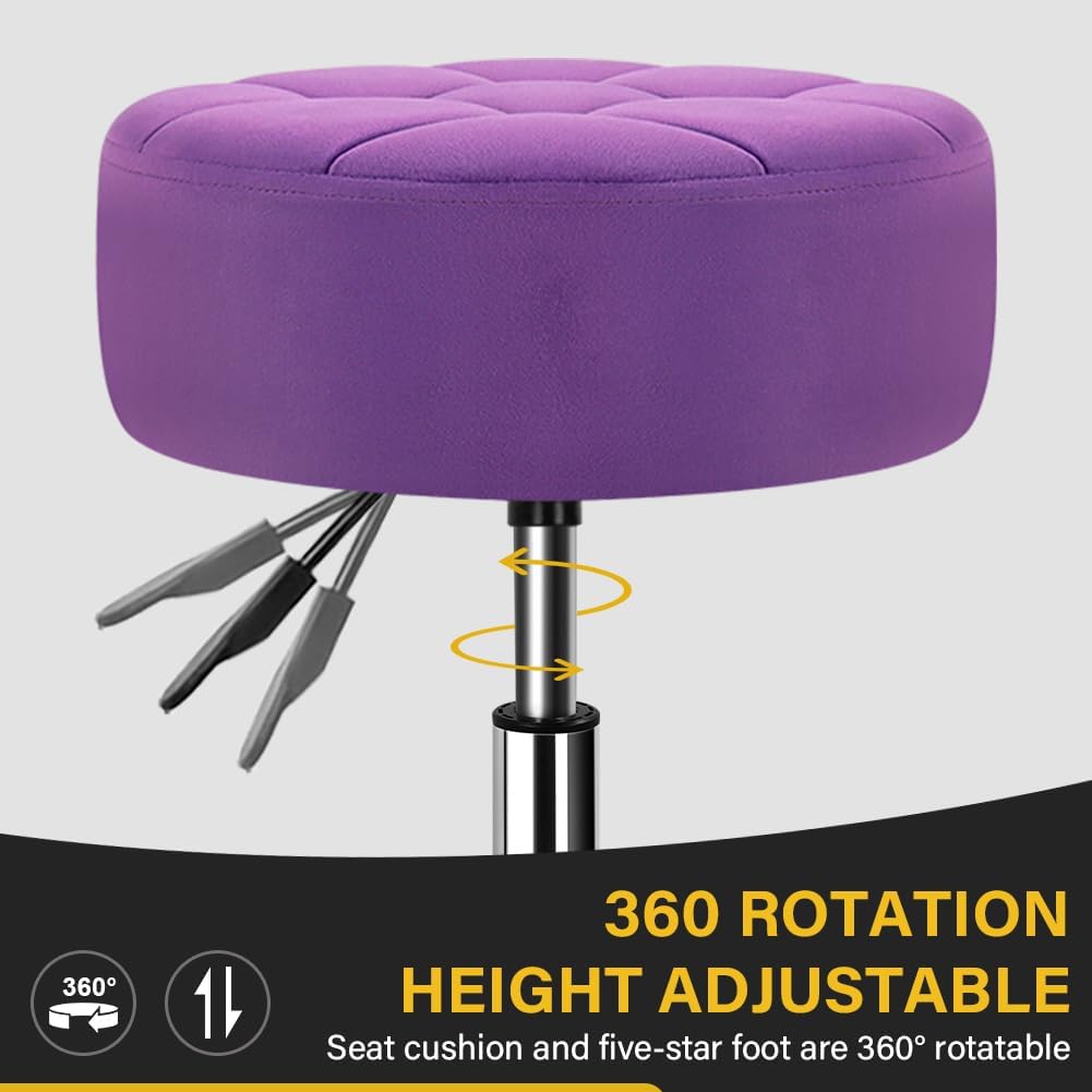 WKWKER Velvet Upholstered Vanity Stool Swivel Adjustable Makeup Stool for Makeup Room Small Round Ottoman for Living Room Makeup Chair for Bedroom SPA Salon Studio (Purple)