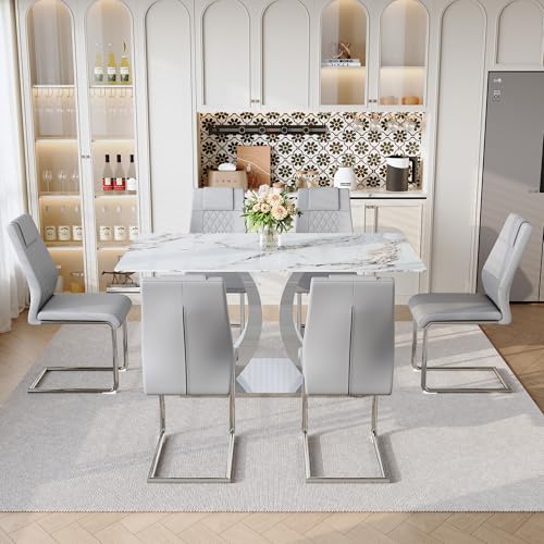 Modern Dining Table Set for 6,63'' Dining Room Table Set for 6 with Chairs,Rectangular Kitchen Table with Faux Marble Tabletop and DIY Chrome Legs,Glass Dining Table Set Ideal for Dining Room
