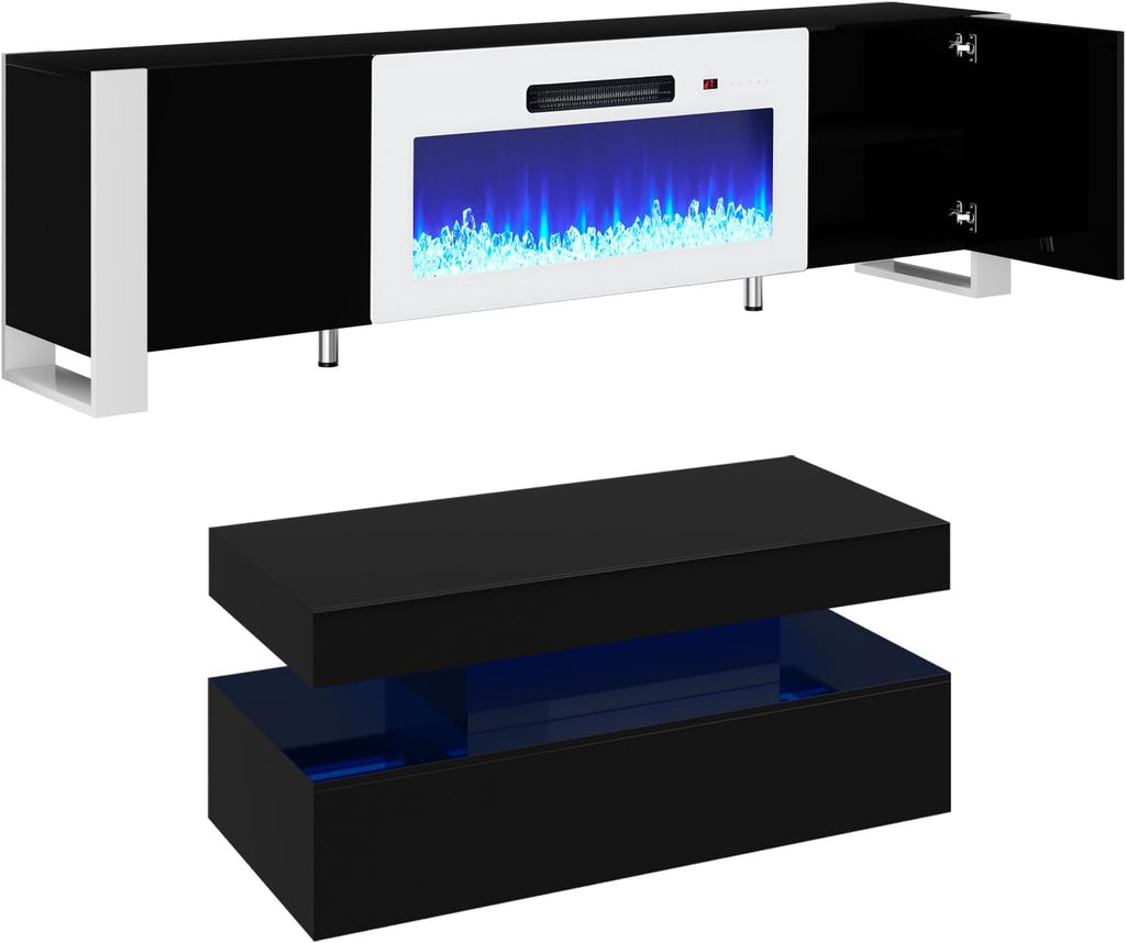 VanAcc 3-Piece Modern Living Room Table Sets, 70" Modern LED TV Stand with 36" Electric Fireplace, High Gloss Coffee Tables for Living Room, Black & White