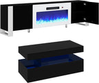 VanAcc 3-Piece Modern Living Room Table Sets, 70" Modern LED TV Stand with 36" Electric Fireplace, High Gloss Coffee Tables for Living Room, Black & White