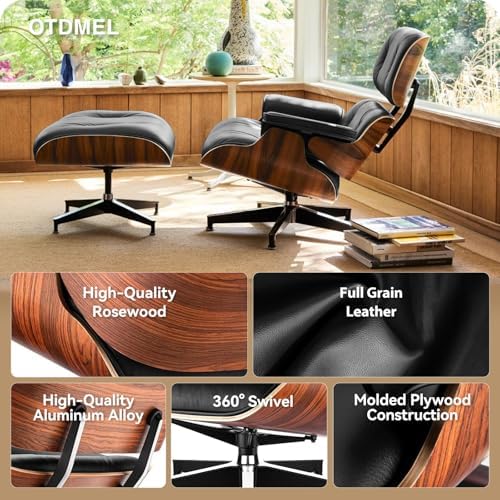 Mid Century Modern Top Grain Leather Chaise Lounge Chair & Ottoman | Modern Classic Recliner with Heavy Duty Base, Fixed Tilting for Living Room, Study, Lounge & Office, Palisander Black