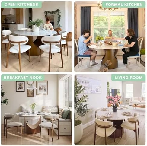 POVISON Round Dining Table for 4, 51" Glossy White Sintered Stone Top Dining Table with Bronze Carbon Steel Pedestal, Modern Dining Room Table for Kitchen, Living Room (Table Only)