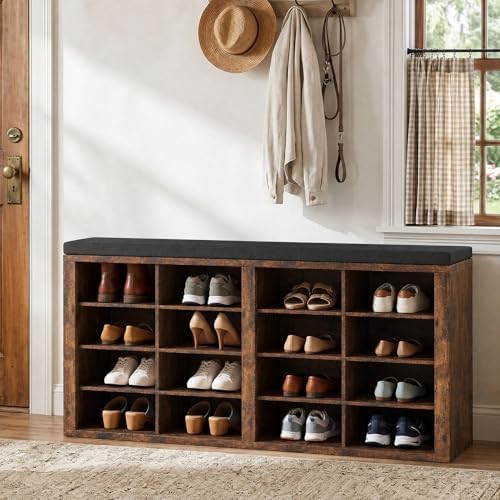 Shoe Rack Bench, Shoe Storage Bench with Cushion, Shoe Organizer 16 Cubbies for Entryway Hallway Bedroom Living Room, Holds Up to 400lbs