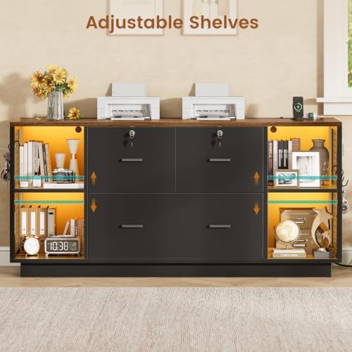 SEDETA 55" File Cabinet with Lock, Large 3 Drawers Filing Cabinets for Home Office, Lockable Printer Stand with Storage, Power Strip, LED Light & Pegboard, Black + Brown