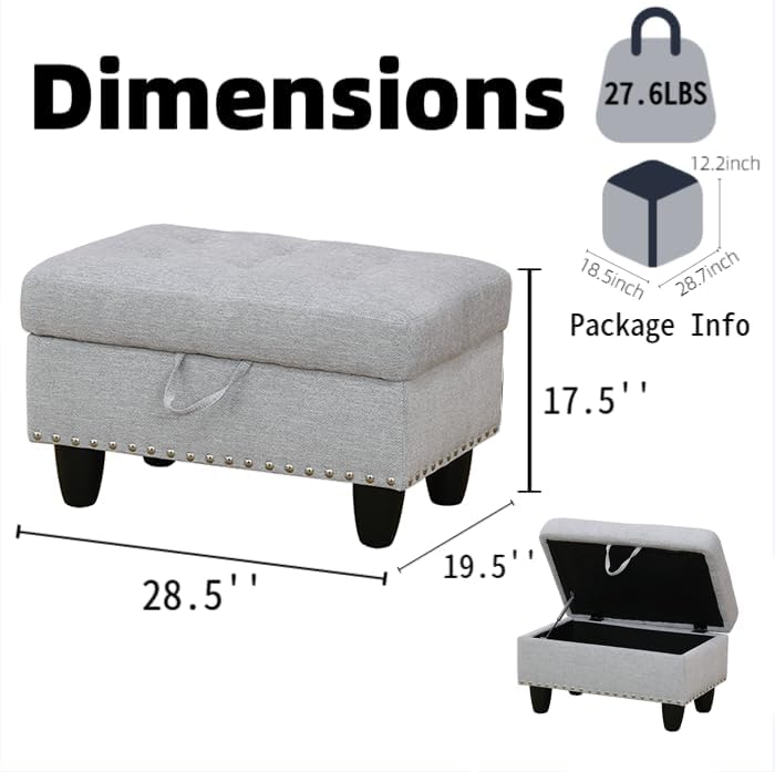 Ottoman with Storage for Living Room, 28.5'' Linen Living Room Ottomans Foot Rest, Upholstered Entryway Bench, End of Bed Storage Bench, Small Ottoman Foot Stool, Tufted Coffee Table, For Bedroom