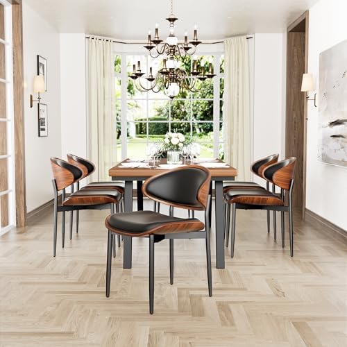 YaFiti Dining Chairs Set of 2, Mid Century Modern PU Leather Kitchen Chairs | Ergonomic Walnut Backrest & Metal Legs, Upholstered Waterproof Faux Leather Seat, Adjustable Footpads for Dining Room, Black