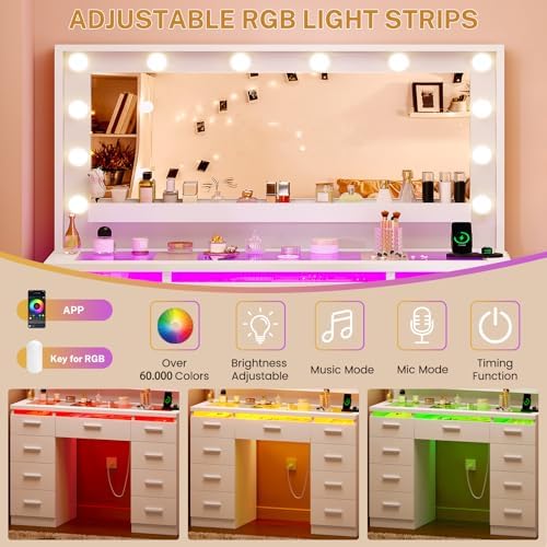 FINOESO Large Vanity Desk with Mirror and Lights, 3-Color LED, Makeup Vanity with Clear Glass Top & RGB Light, Vanity Table with 9 Drawers, Open Shelf, Power Outlet, Vanity for Women Bedroom, White