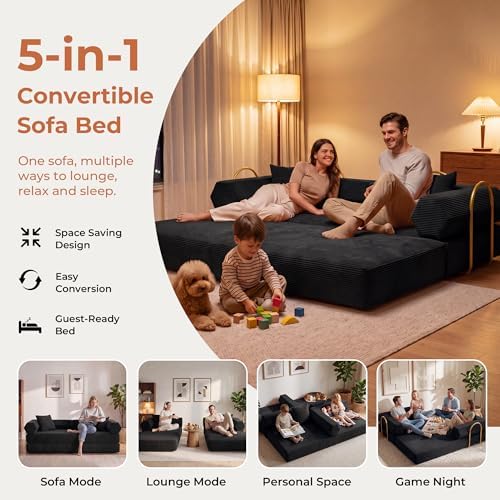 79" Convertible Futon Sofa Bed, Couch for Living Room | Black | 5-in-1 Corduroy Modular Futon Couch with Pocket Springs, Sleeper Sofa, Pull Out Couch Bed, No Assembly
