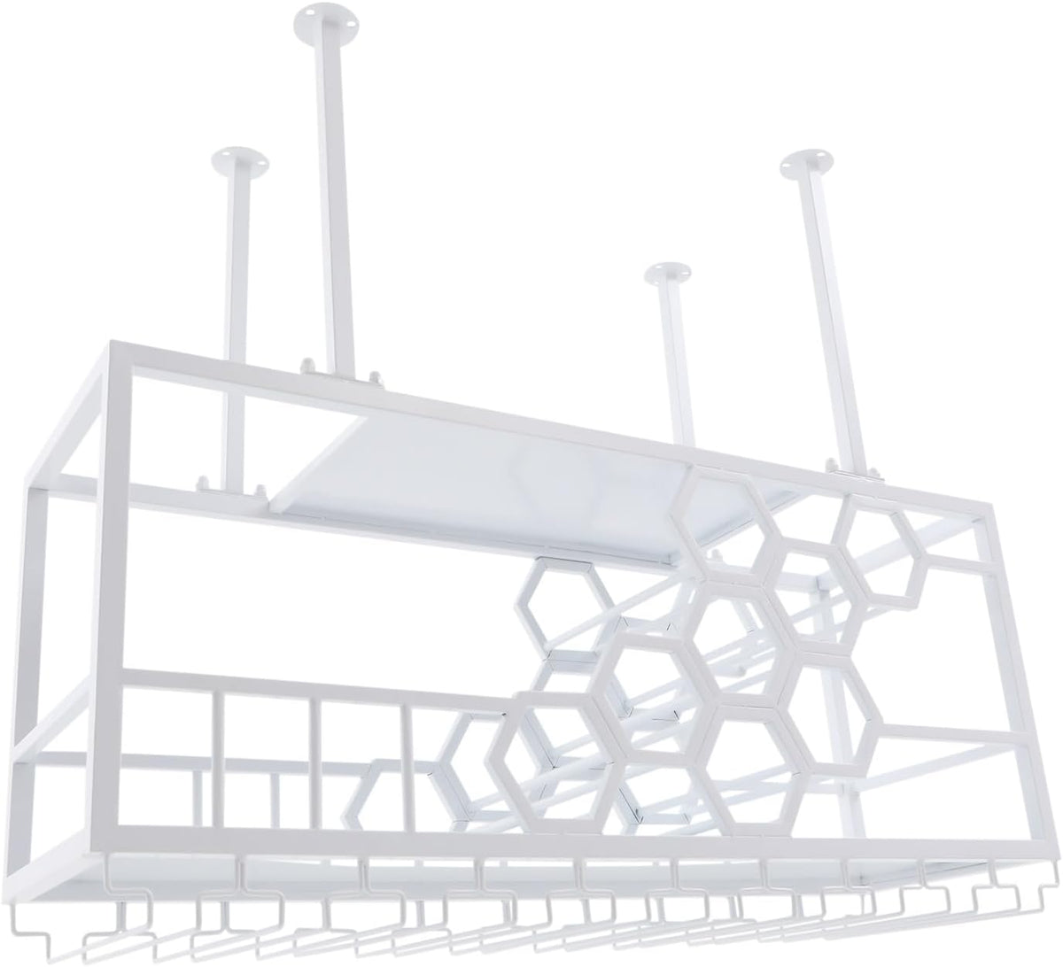 Ceiling Wine Glass Rack, 39" Hanging Wine Rack with Glass Holder and Shelf, Industrial Hanging Wine Bottle Holder, Iron Wine Shelf for Bar Cafe Kitchen - White