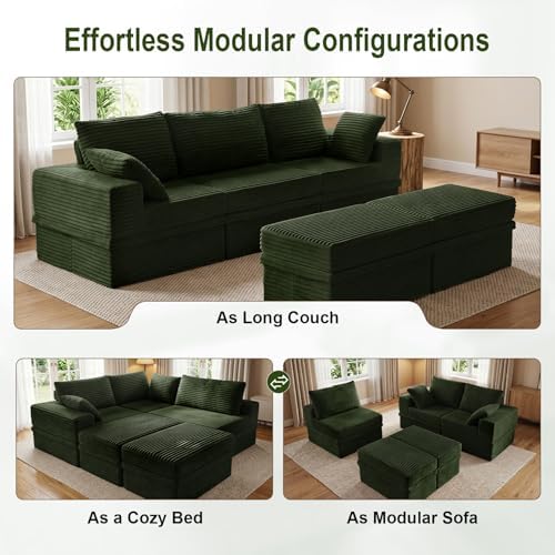 107" U Shaped Couch, Modular Sectional Sofa with Storage, 3-Seater High Density Foam Couch with Ottoman, 27" Deep Corduroy Cloud Couch for Living Room, Tool-Free Assembly, Green