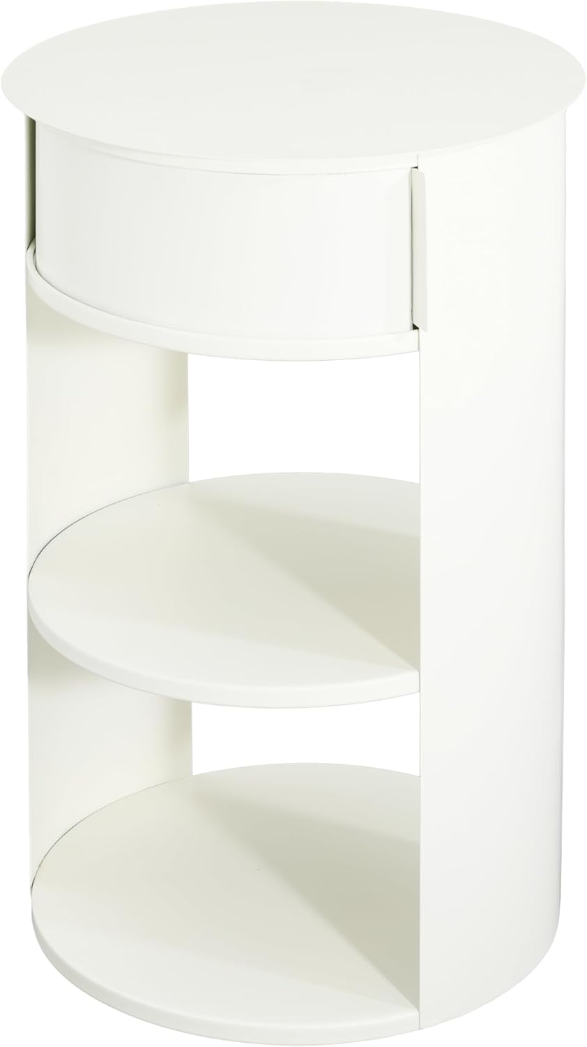 Christopher Knight Home Pomme 3-Tier Metal Small Side Table, Narrow Bedside Table with Sliding Door Cabinet, Bedroom Decoration Organizer, Round End Table with Storage, Space Saving, Matte White