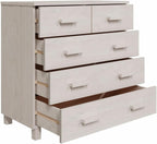 White Sideboard Buffet Cabinet, Solid Pine Wood and MDF Dining Room Credenza with 5 Drawers and Sliding Doors, Modern Accent Storage Cabinet for Living Room and Foyer