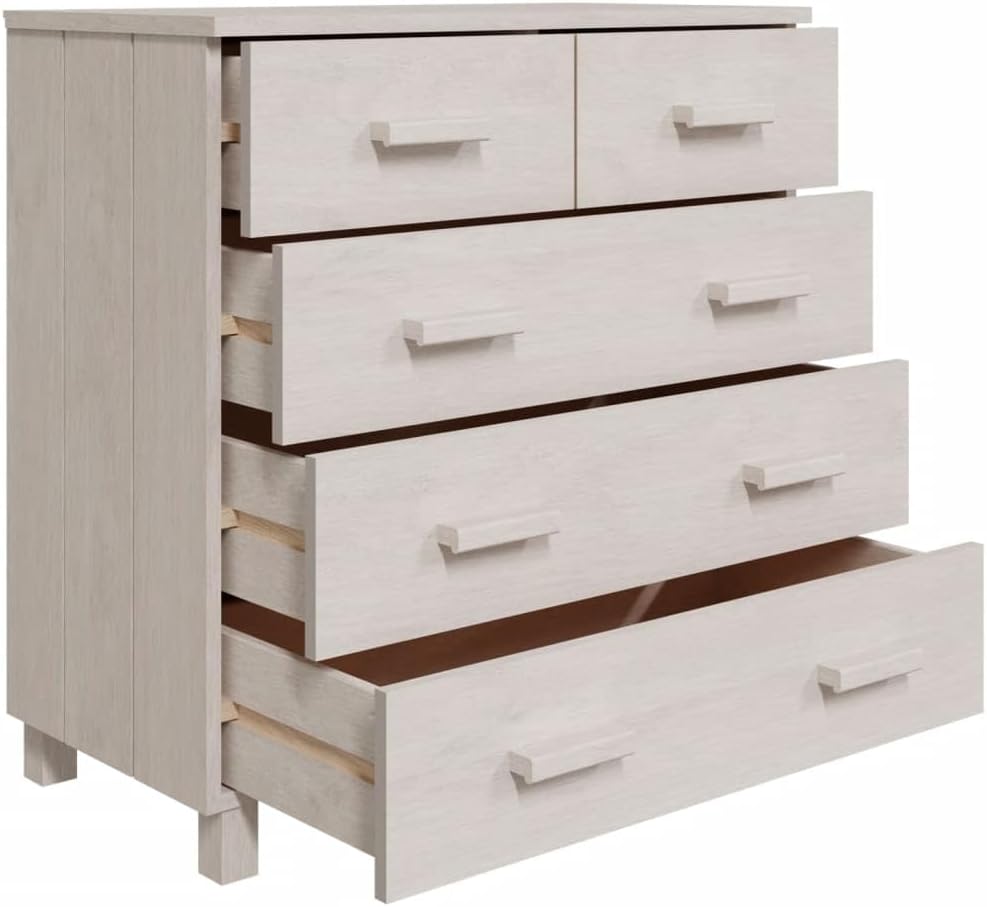 Modern White Sideboard with Sliding Doors and Five Drawers, Solid Pinewood and MDF Buffet Cabinet for Living Room Dining Area Storage