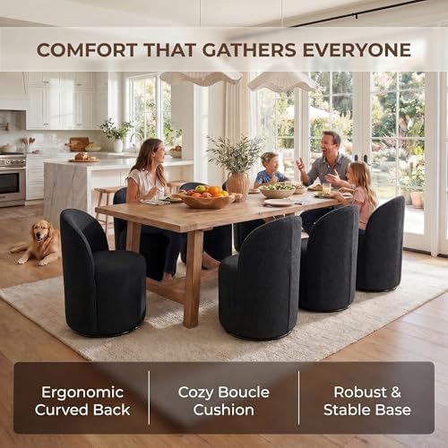 HNY Upholstered Swivel Dining Chairs Set of 6, Mid Century Modern Kitchen Round Sherpa Boucle Dining Room Chairs, Barrel Comfy Armless Accent Makeup Vanity Side Chairs for Living Room, Black