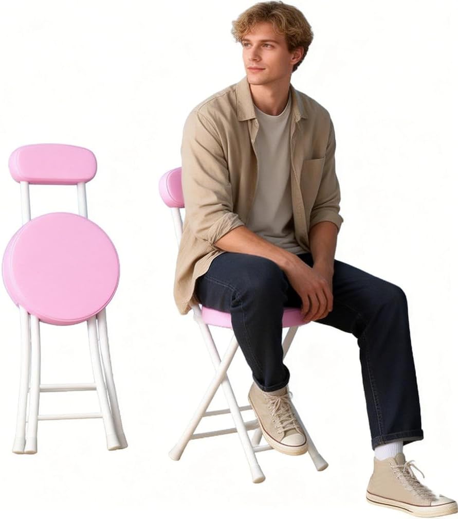 Folding Stool with Back, Padded Leather Round Foldable Stool, Foldable Bar Chairs, Round Portable Collapsible Stool for Gardening Kitchen Camping Cafe Indoor Outdoor,Pink
