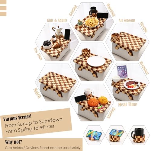Nnewvante Checkerboard Couch Armrest Table, 3 in 1 Clip-on Table Rubberwood