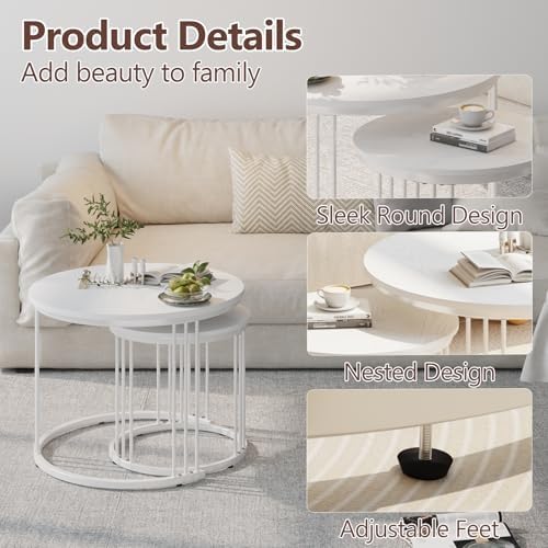 Garden 4 you Nesting Coffee Table, 23.6" Round Coffee Table Set of 2, Wooden Nesting Table with Metal Frame, Ceter Tables for Living Room Bedroom Balcony, White