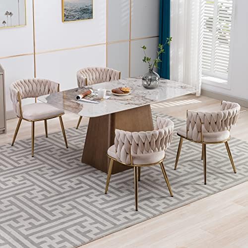 KCC Velvet Dining Chairs Set of 2,Woven Chairs with Metal Legs,Green | Modern Dining Chair with Metal Legs, Upholstered Dining Chairs for Dining Room, Kitchen, Vanity, Living Room