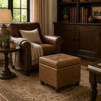 HomePop Square Tufted Storage Ottoman - Distressed Brown Faux Leather Small
