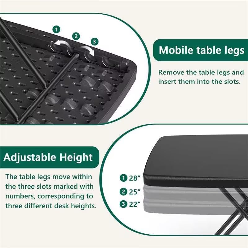 30 Inch Folding Table, Adjustable Height TV Tray for Small Spaces, Heavy Duty Foldable Utility Table for Laptop, Dining, Camping, No Assembly, 200 lbs Capacity, Black Granite