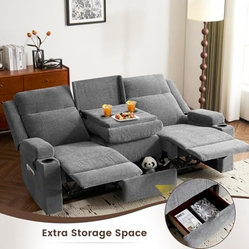 Chenille Reclining Sofa 3-Seater with Convertible Table, Storage Ottoman & Cup Holders | Modern Space-Saving Couch, Ergonomic Living Room Furniture (Gray)