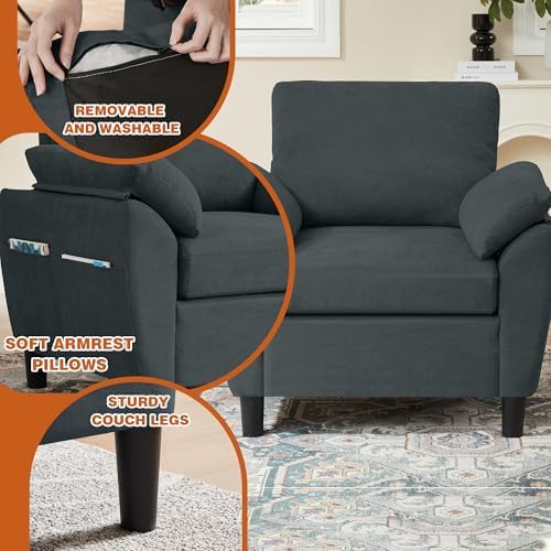 3 Pieces Sectional Sofa Set, 79" Modern L Shaped Couch & 57" Loveseat & 35" Accent Chair, Linen Upholstered Sofa Set with Movable Ottoman, Couches for Living Room, Apartment, Dark Grey