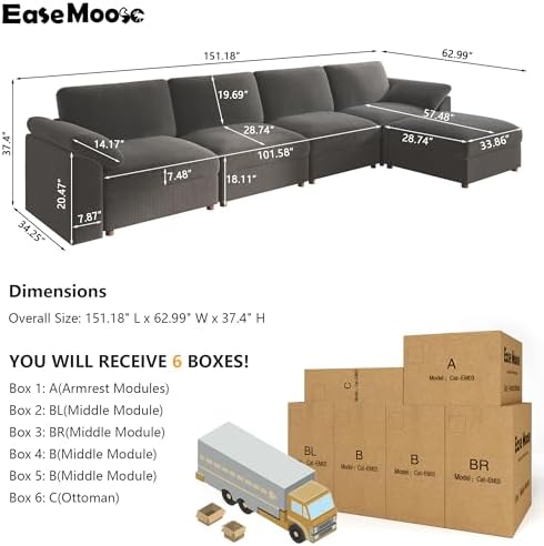 EASE MOOSE Oversized Sectional Modular Sofa,Extra Large L Shaped Couch Wide Deep Seat, Modern Comfy Modular Cloud Couch for Living Room,Removable and Washable