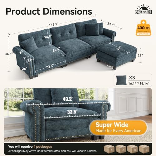 SUNSHINE VALLEY 116" Oversized Modular Sectional Couch L Shaped Living Room | Mid-Century Modern 4-Seater Cloud Sofa, Cyan, Rolled Arms & Nailhead Trim, Wider & Deeper Seats, Ottoman, Chenille