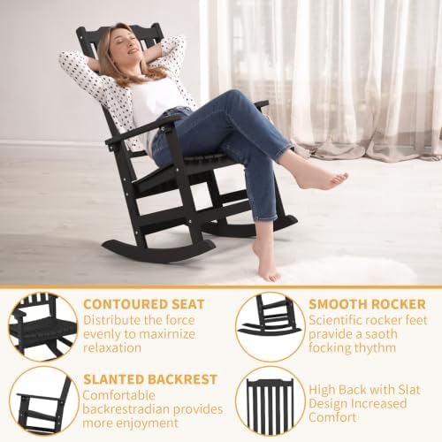 Oversized All-Weather Outdoor Rocking Chairs Set of 2, Patio Rocker | Ergonomic Curved Slat High Back, Smooth Rocking, Tall Seat Relieves Calf, Holds 380lbs, Fade Crack Resistant & Easy to Clean