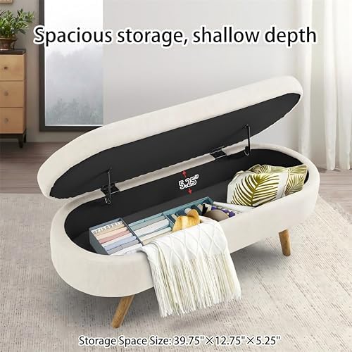 43.5" Ottoman with Storage, Storage Ottoman Bench with Safety Hinge, Linen End of Bed Bench, Upholstered Entryway Bench for Bedroom, Living Room & Window, Holds up to 330 lb, Beige