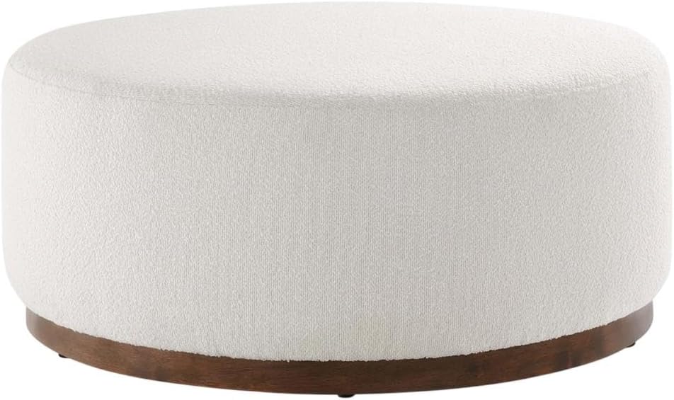 Brown Round Boucle Upholstered Ottoman, 38-Inch Diameter, Cushioned Top, Durable Fabric, Stylish Outdoor Furniture, Ideal for Patio Lounge