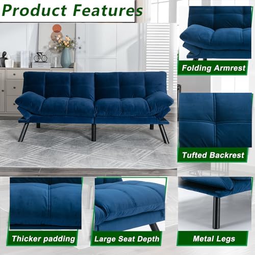 Modern Navy Blue Velvet Convertible Folding Futon Couch Sofa Bed | Adjustable Pillow Top Arm Memory Foam Couch Double Loveseat Sofa for Compact Living Space,Dorm,Game Studio,Apartment,Bedroom