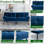 Modern Navy Blue Velvet Convertible Folding Futon Couch Sofa Bed | Adjustable Pillow Top Arm Memory Foam Couch Double Loveseat Sofa for Compact Living Space,Dorm,Game Studio,Apartment,Bedroom