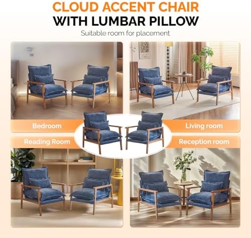 VINGLI Mid-Century Modern Cloud Accent Armchairs set of 2 with Lumbar Pillow, 6.3'' Thick Seat Cushion Reading Chairs with Wooden Armrests, Boho Lounge Chair for Bedroom,Living Room,Chenille,Gray Blue