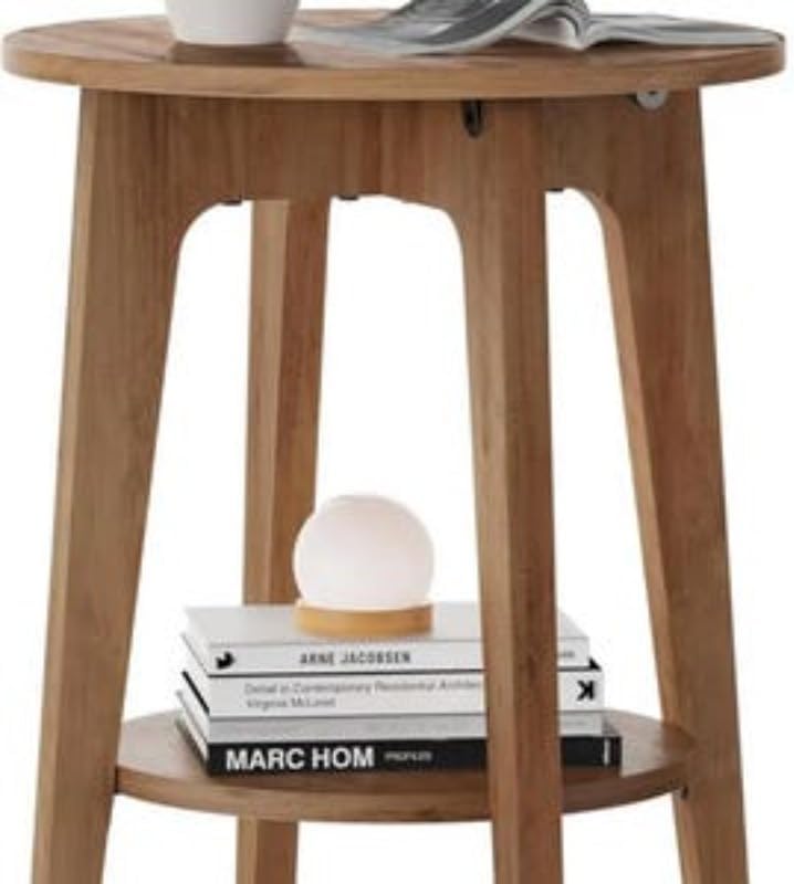 Wood Side Table, Round Coffee Table, Small Round End Tables with Lower Shelf, Nightstand, Plant Stand, Handmade Wood Furniture for Decoration Bedroom Sitting Room Cafe