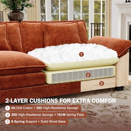 CDCASA 117" Oversized Modular Sectional Sofa with Corner, Comfy V-Shaped Cloud Couch w/ 2 Ottomans, 7-Seater Chenille Deep Seat Modern Sofa Couch for Living Room, DIY Combination, Terracotta Orange