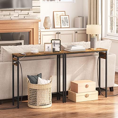 HOOBRO Narrow Console Table with Power Outlets, Small Entryway Table | Thin Sofa Table Behind Couch Table with Charging Station, for Hallway, Bedroom, Living Room,Rustic Brown and Black BF75UXG01