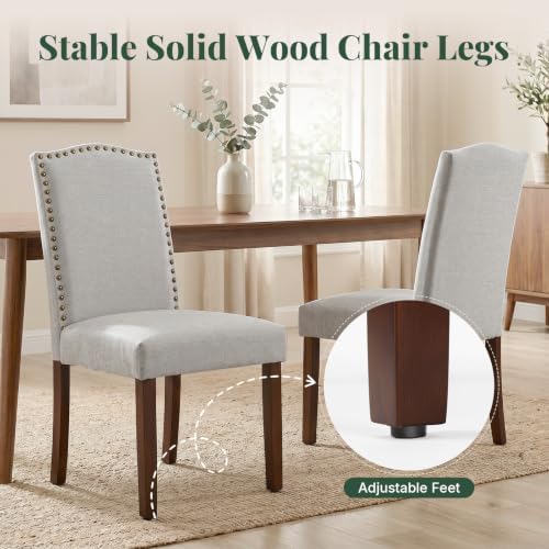 Upholstered Dining Chair Set of 4, Farmhouse Fabric Kitchen Chair | Modern, Padded Seat, Solid Wood Legs, High Back, Nailhead Trim, Living Room, Restaurant, Hotel, Grey