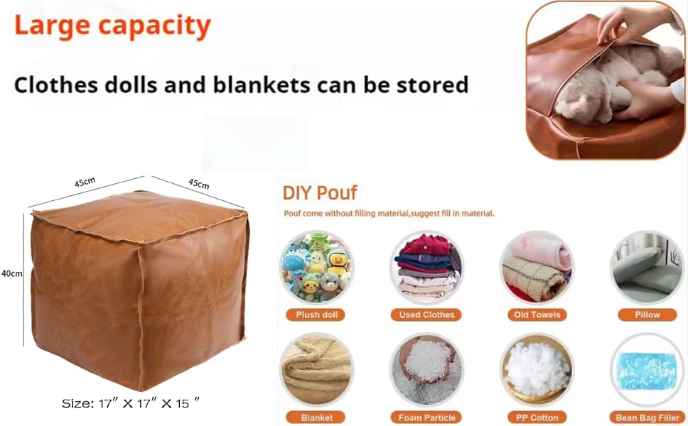 Faux Leather Unstuffed Pouf Ottoman, Square Pouffe Footstool Storage Stool, Pouf Sleeve Without Stuffing, Foot rest Suitable for living Room,Bedroom or Balcony（Size：17"D x 17"W x 15"H)No Filler