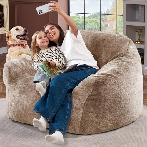 Homguava Giant Bean Bag Chairs for Adults,Large Bean Bag Couch with Arms | Big Beanbag Chair with Memory Foam Filled,Oversized Bean Bag Sofa,Faux Fur Floor Sofa Chair for Bedroom Living Room-Khaki