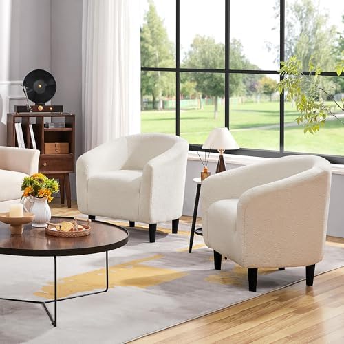 Yaheetech Compact Sherpa Accent Chairs Set of 2 for Small Spaces, Ivory | Compact Cozy Barrel Chairs with a Curved Silhouette, Upholstered Furry Armchair for Small Spaces, Living Room Bedroom Corner