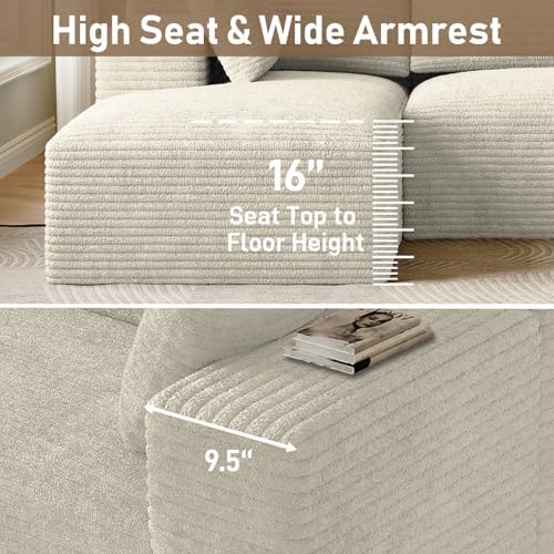 ONEMMLION 96" L-Shaped Cloud Couch Sofa with Chaise, Beige White | Corduroy Comfy Fluffy Modular Deep Seat Memory Foam Compressed Sectional Sofa for Living Room Oversized Left Facing Chaise